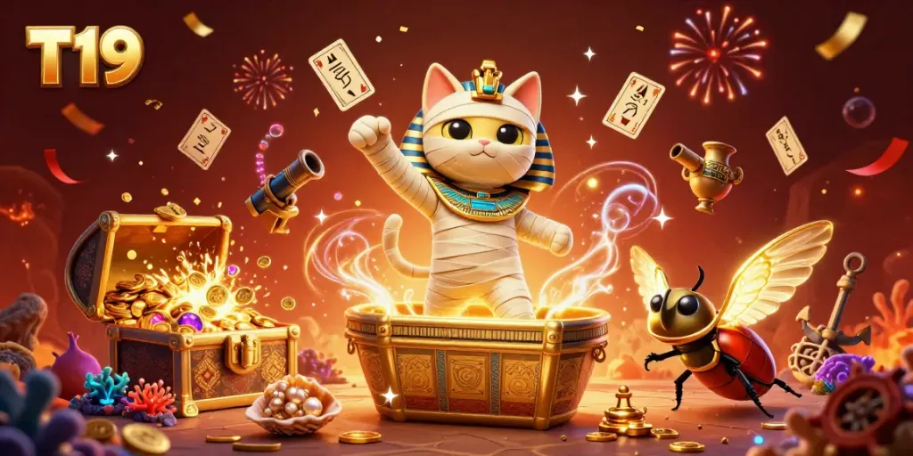 T19 promotions featuring a mummy cat in a vibrant casino scene with treasures and gaming elements