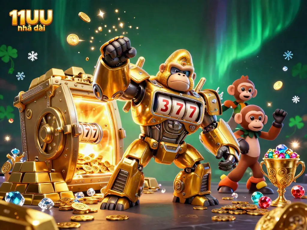 Experience excitement at 11UU nhà cái with a dynamic scene of a transforming golden gorilla mech and treasure.