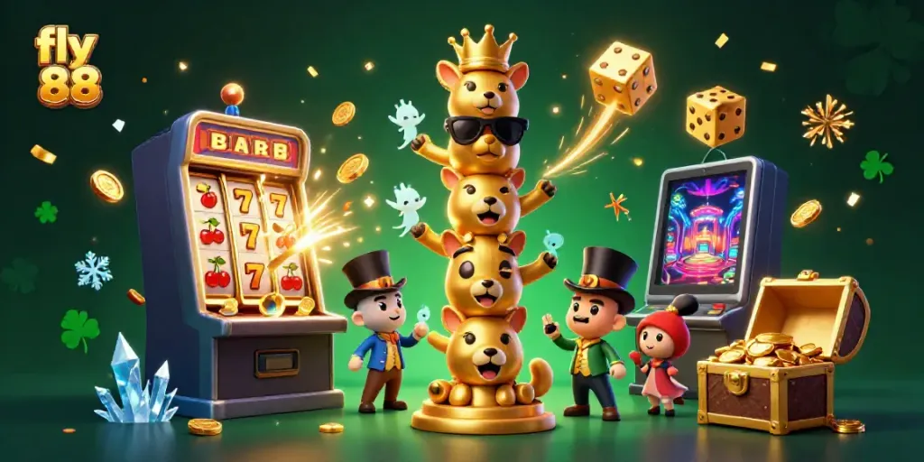 Engage with fly 88 in a vivid 3D casino scene, showcasing unique characters and dynamic gaming elements.