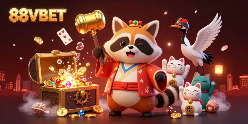 Experience the charm of 88VBET with a colorful scene of a cheerful tanuki and fortune cats amidst gold coins and gems.
