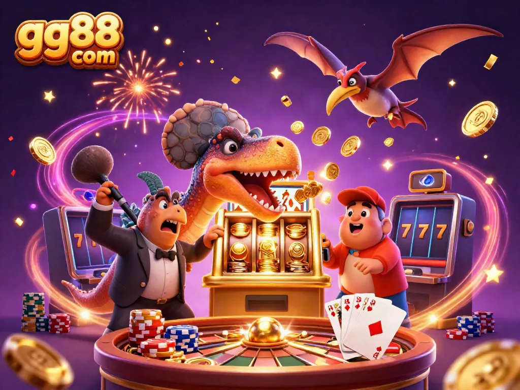 Experience excitement at gg88 com as a dinosaur hits the jackpot at a vibrant casino scene.