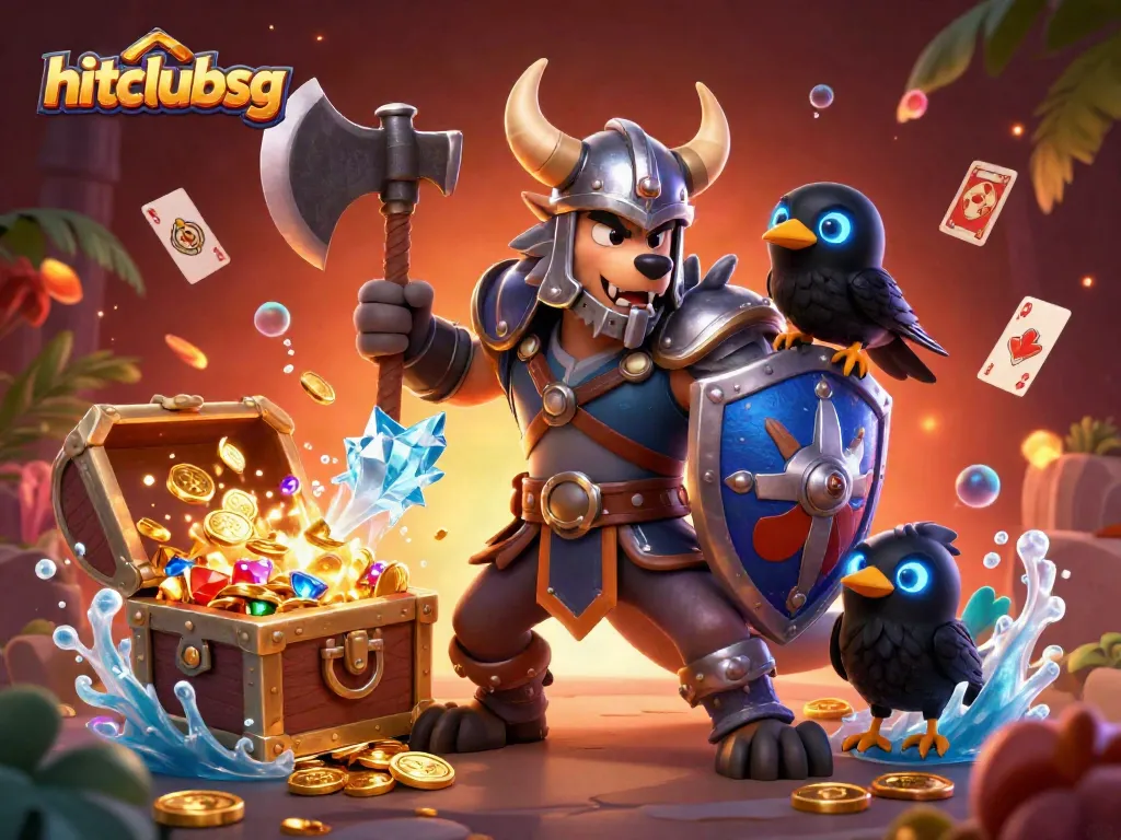 Experience the thrill of hitclubsg with a Viking warrior, fierce dragon, and vibrant casino elements.