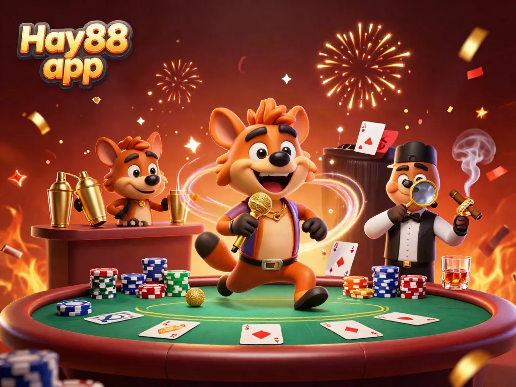 Experience excitement with the Hay88 app featuring a vibrant casino scene with animated hyenas and poker elements.