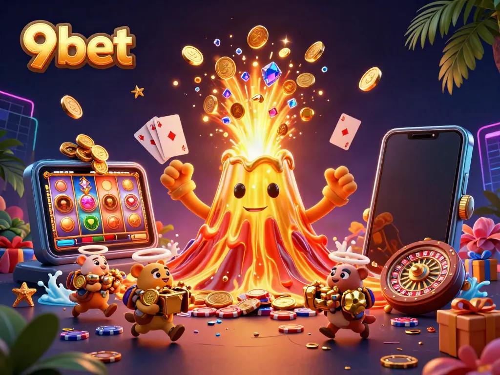 Engage with the vibrant action of 9bet featuring a triumphant volcano amidst treasures and gaming elements.