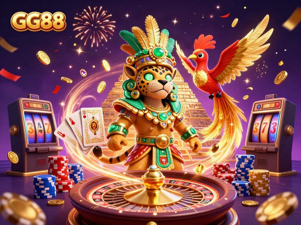 Experience the excitement of GG88, where the Mayan jaguar priest leads in a vibrant casino scene.