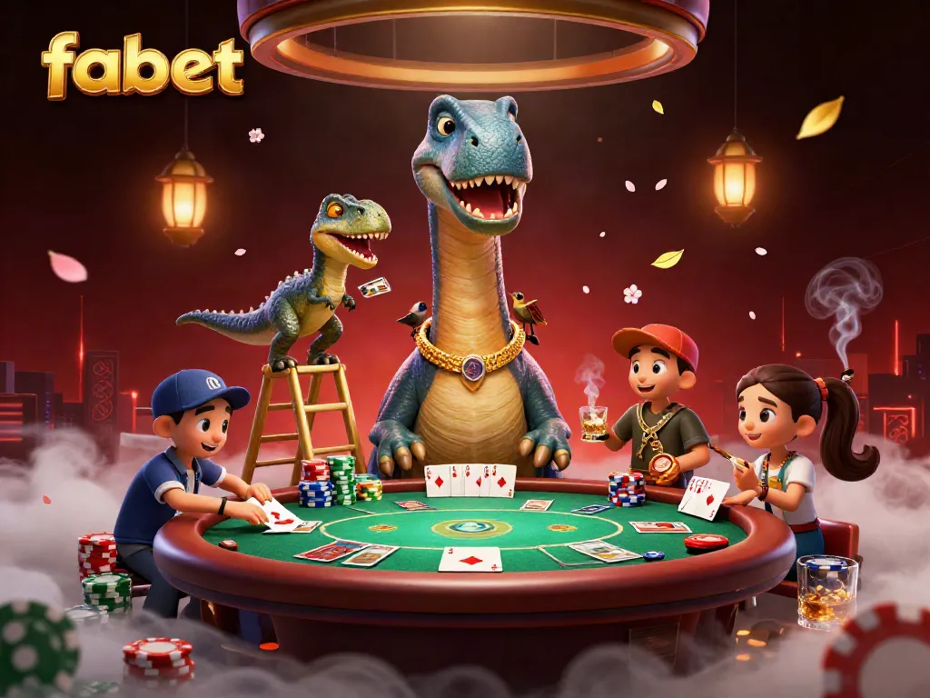 Engage in thrilling poker action at fabet with a whimsical dinosaur dealer and vibrant casino ambiance.
