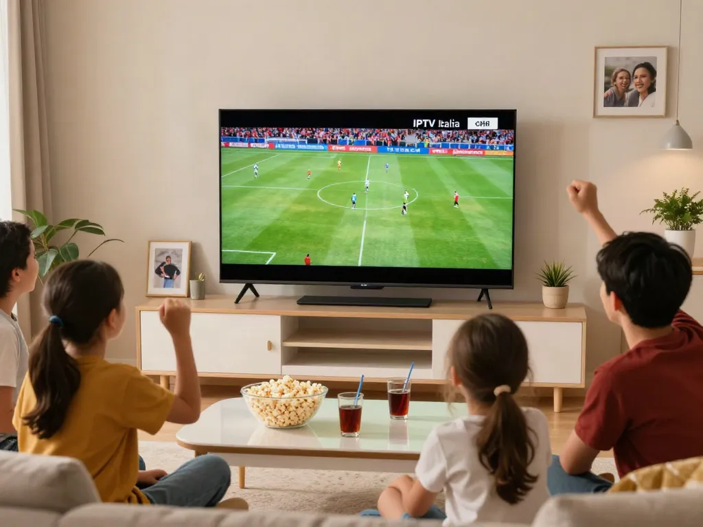 Family enjoying IPTV Italia sports event in 4K quality at home.