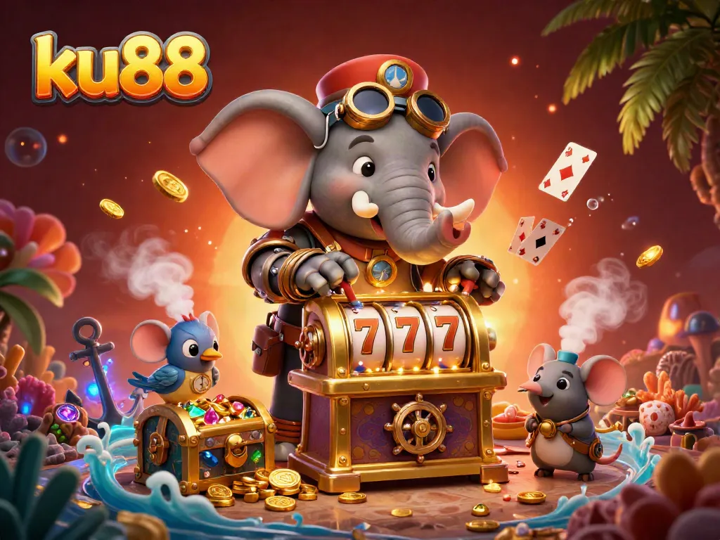 Spin the golden slot machine with ku88 amidst vibrant underwater treasures and rich casino elements.