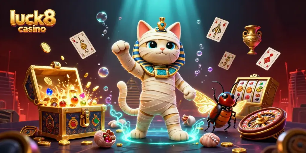 Immerse in luck8 casino with Egyptian mummy cat and glowing treasures, slot reels, and dynamic casino elements.