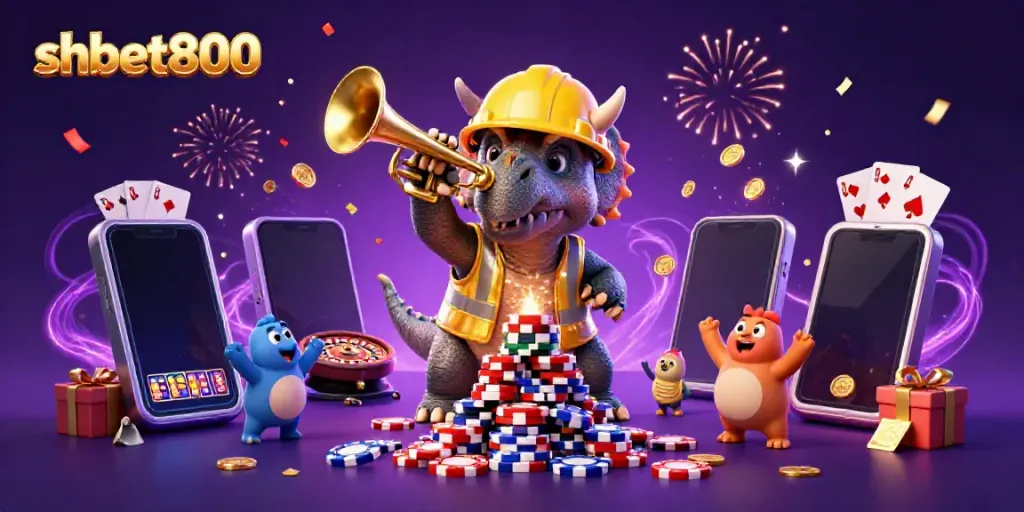 Celebrate wins at shbet800 with a triceratops and friends in a casino-themed scene.