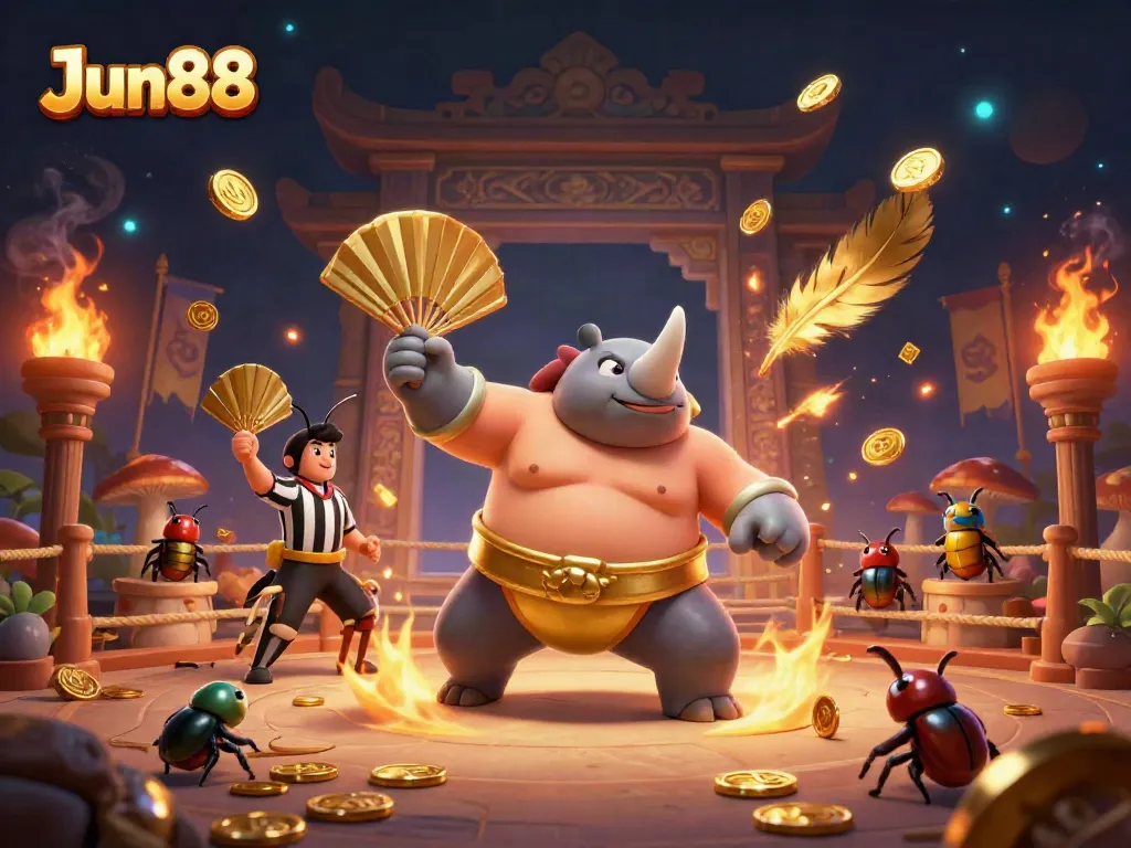 Experience thrilling gaming at Jun88 with a dynamic cartoonish scene showcasing a sumo beetle champion!