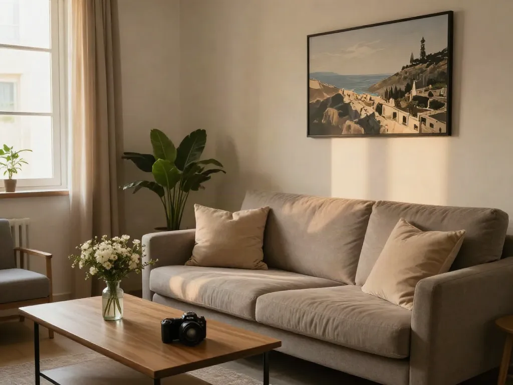Relaxing discreet apartment interior in Haifa with cozy decor and warm lighting.