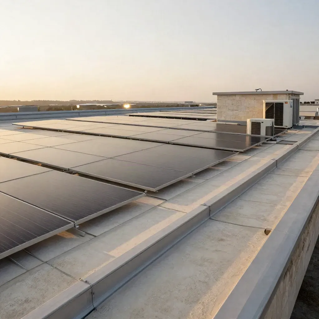 Tetto industriale riqualificato con pannelli fotovoltaici e pompe di calore, luce calda del pomeriggio.