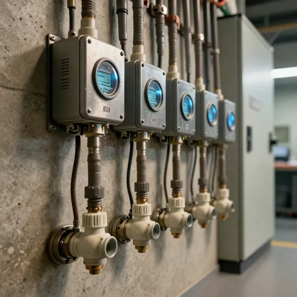Sala tecnica con sensori energetici, tubi isolati e lieve vapore in luce radente.
