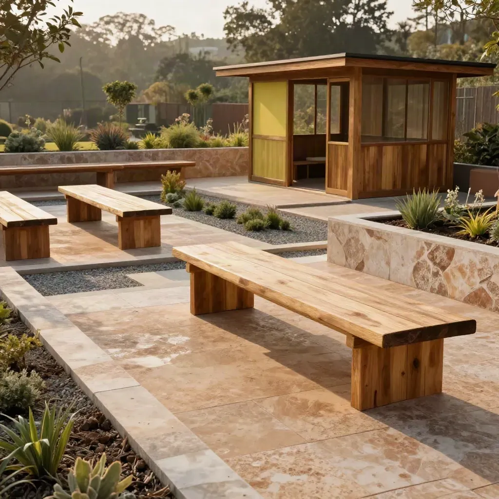 Patio operativo con sedute in legno, aiuole contenitive, pietra chiara e piccola architettura di servizio.