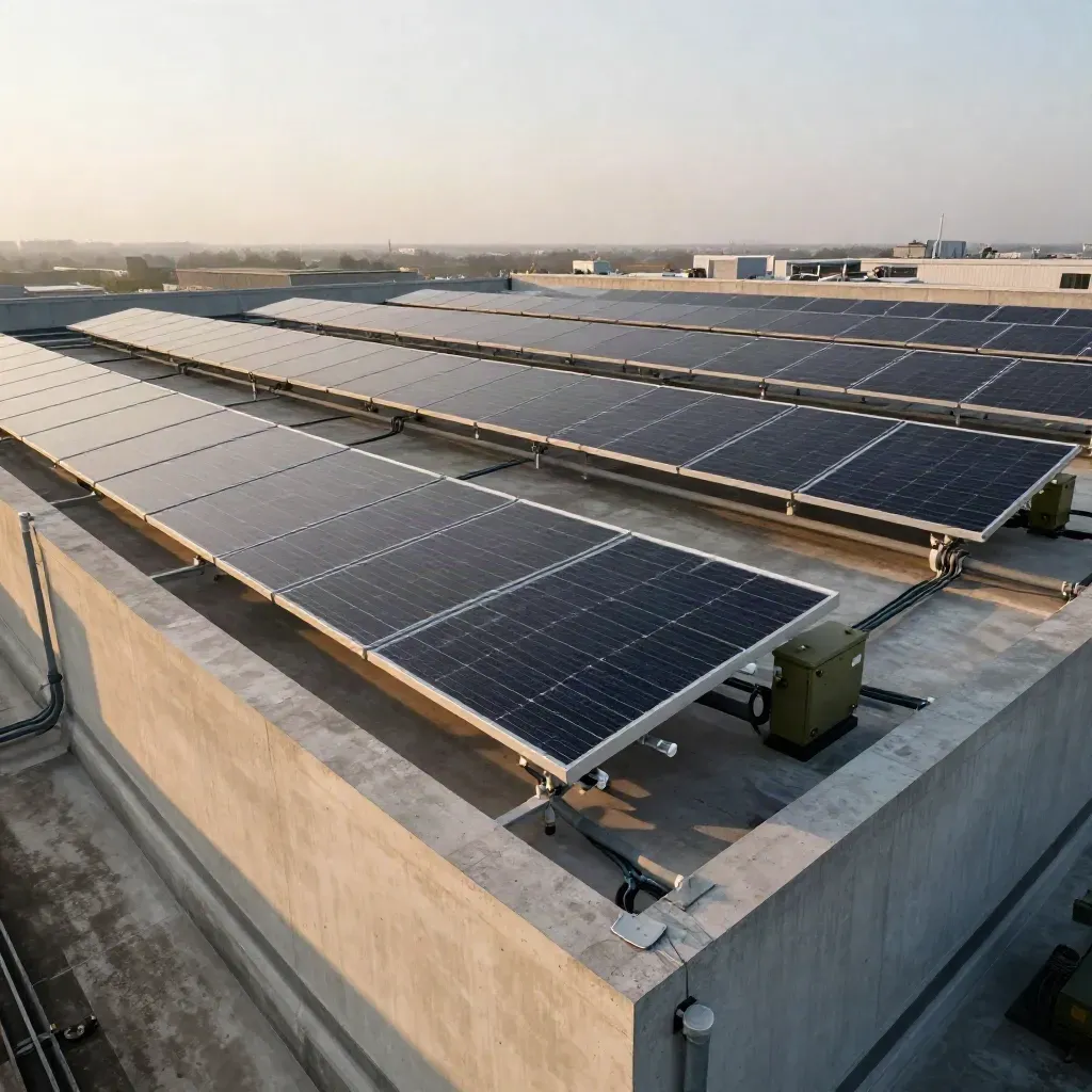 Campo fotovoltaico su tetto industriale con batterie esterne e canaline ordinate, visto dal bordo.