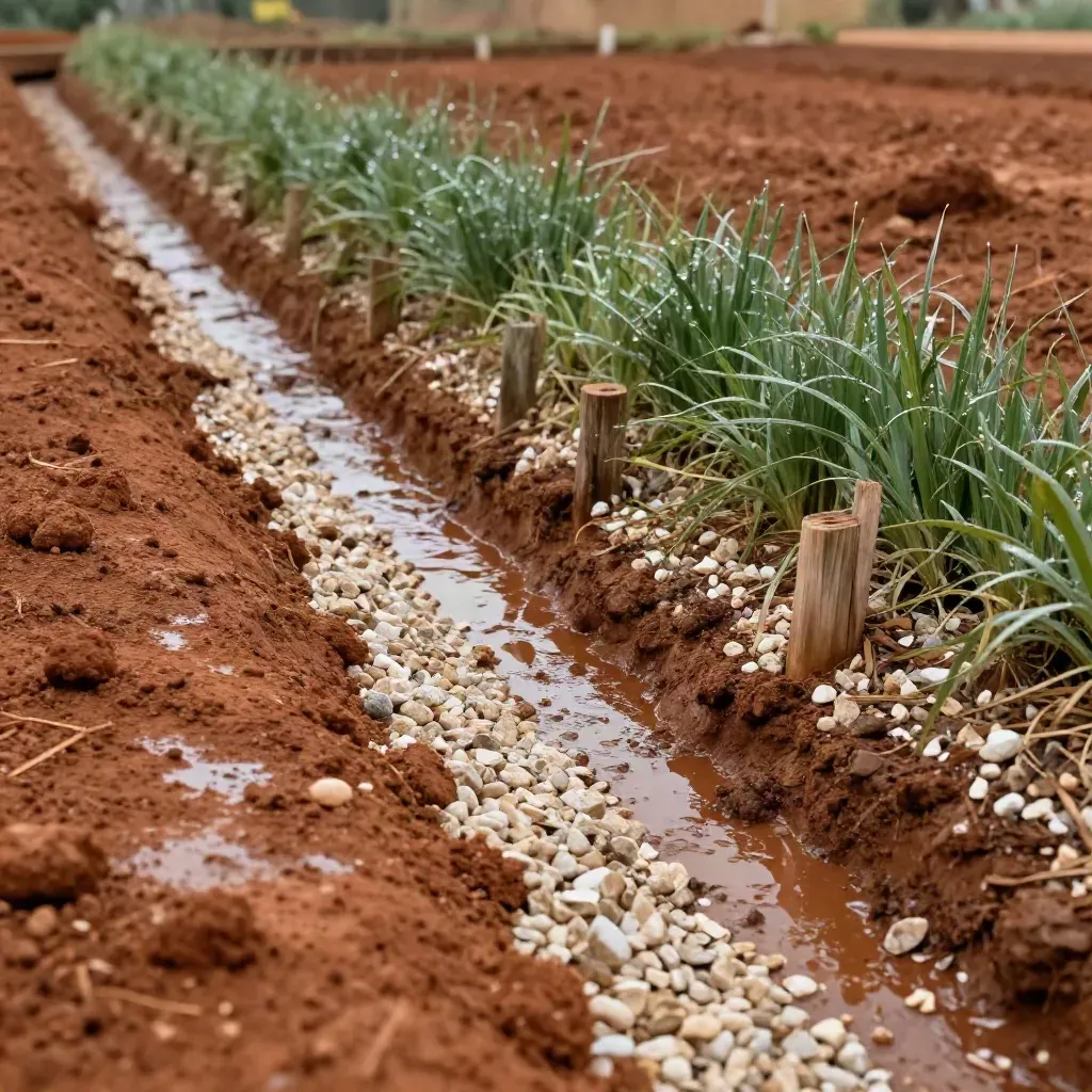 Terreno bonificato con canaletta, ghiaia chiara e vegetazione spontanea dopo la pioggia.