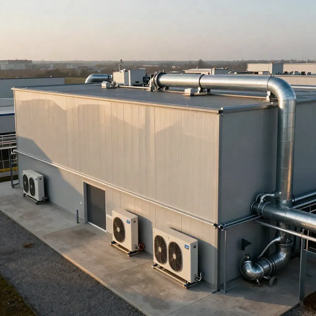 Stabilimento veneto aggiornato con pompe di calore e copertura tecnica rifatta, in luce cinematica.