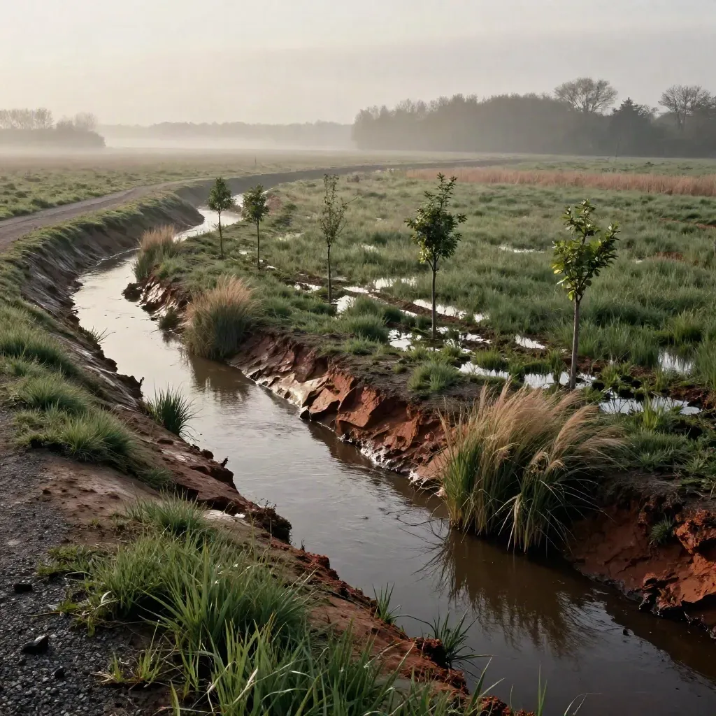Ex terreno agricolo rinaturalizzato con canali d’acqua, giovani alberi e nebbia