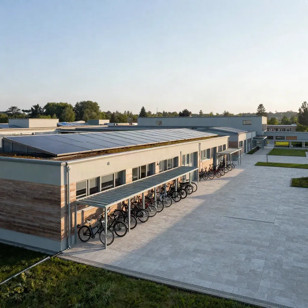 Campus scolastico con tetti fotovoltaici, tetto verde e pensilina bici ordinata al mattino.