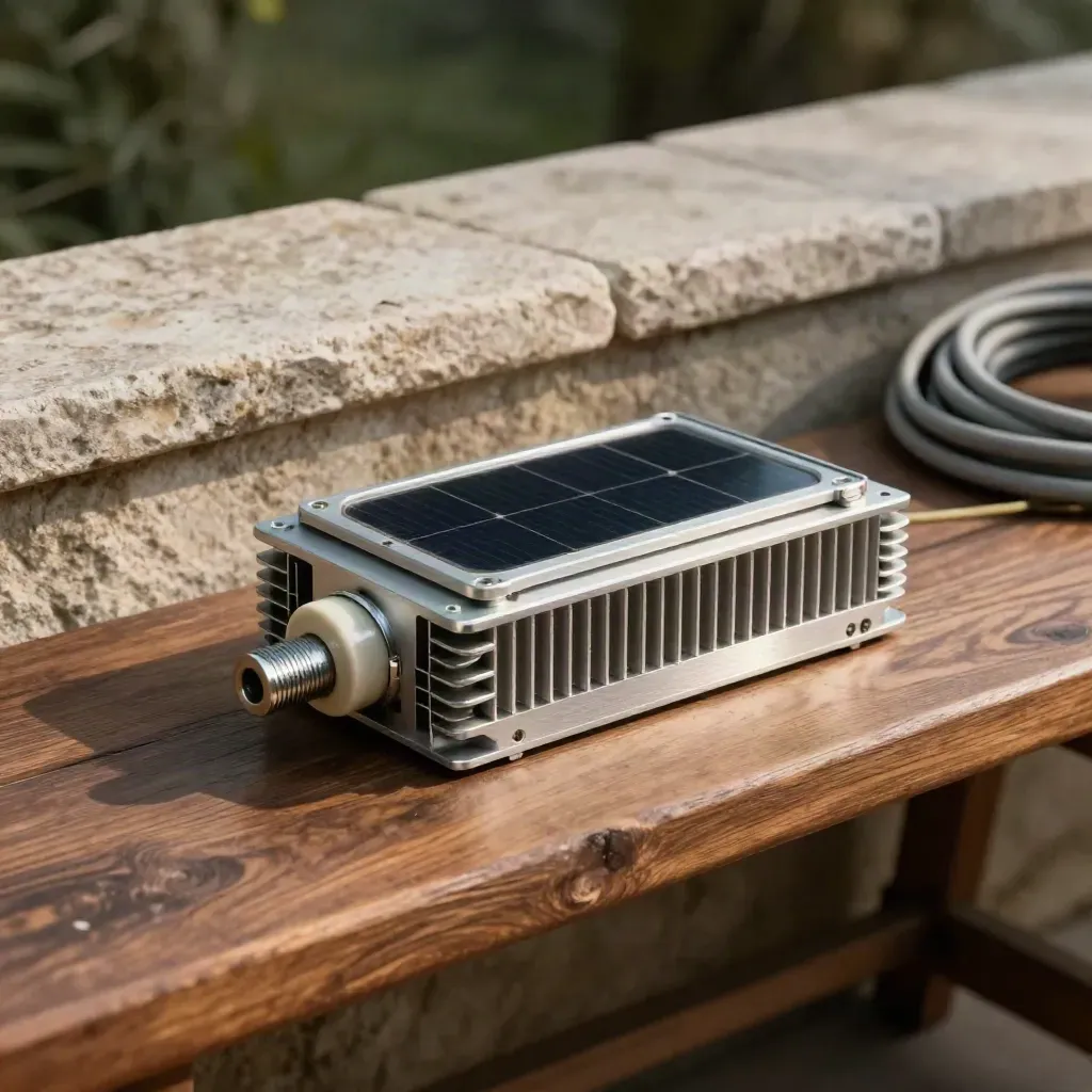 Alette in alluminio, modulo fotovoltaico e distanziale ceramico su banco tecnico.