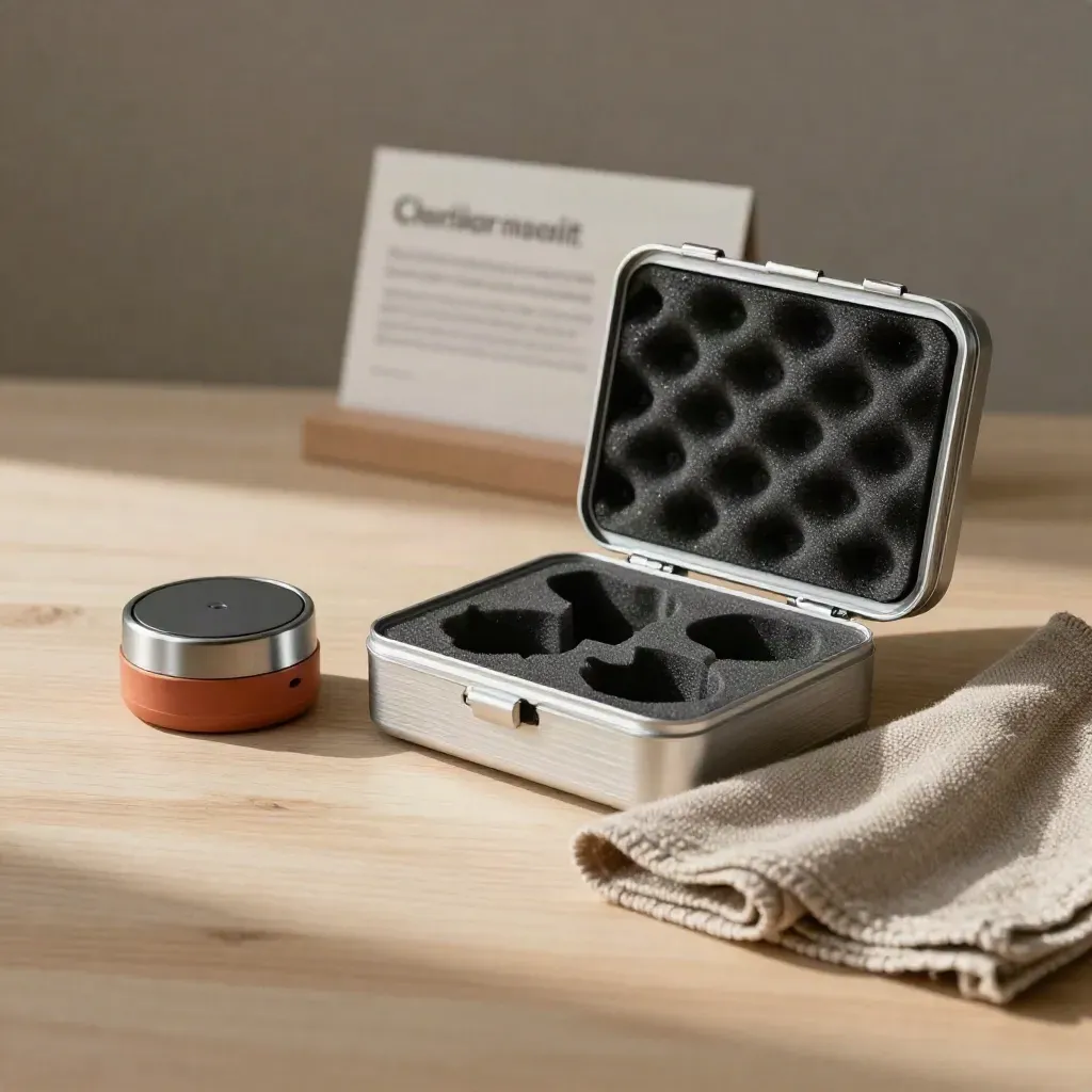 Kit di supporto con sensore, cappuccio, custodia in alluminio e panno su legno chiaro.
