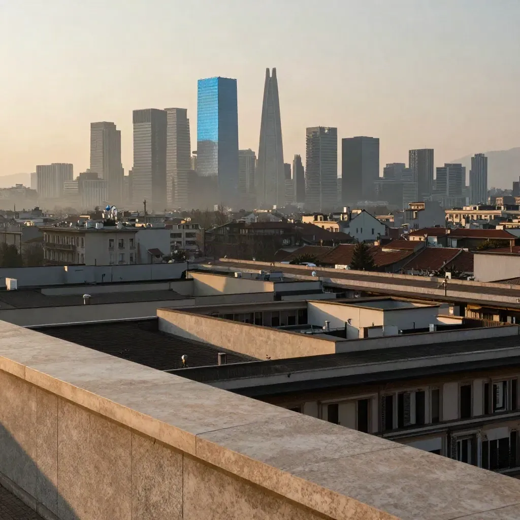 Skyline di Milano nella foschia del mattino, con torri moderne alte e tetti calmi in primo piano.