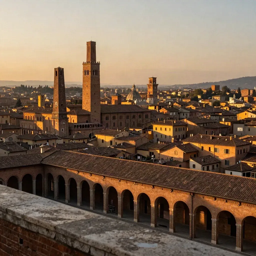 Veduta dorata di Bologna con portici e torri sopra pietra e ombra