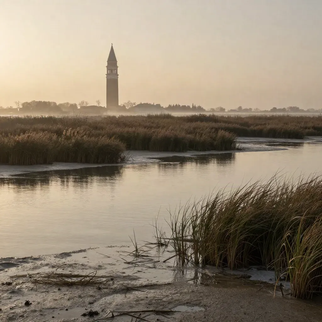 Laguna veneta al crepuscolo con campanile sottile e canneti tra foschia salmastra.