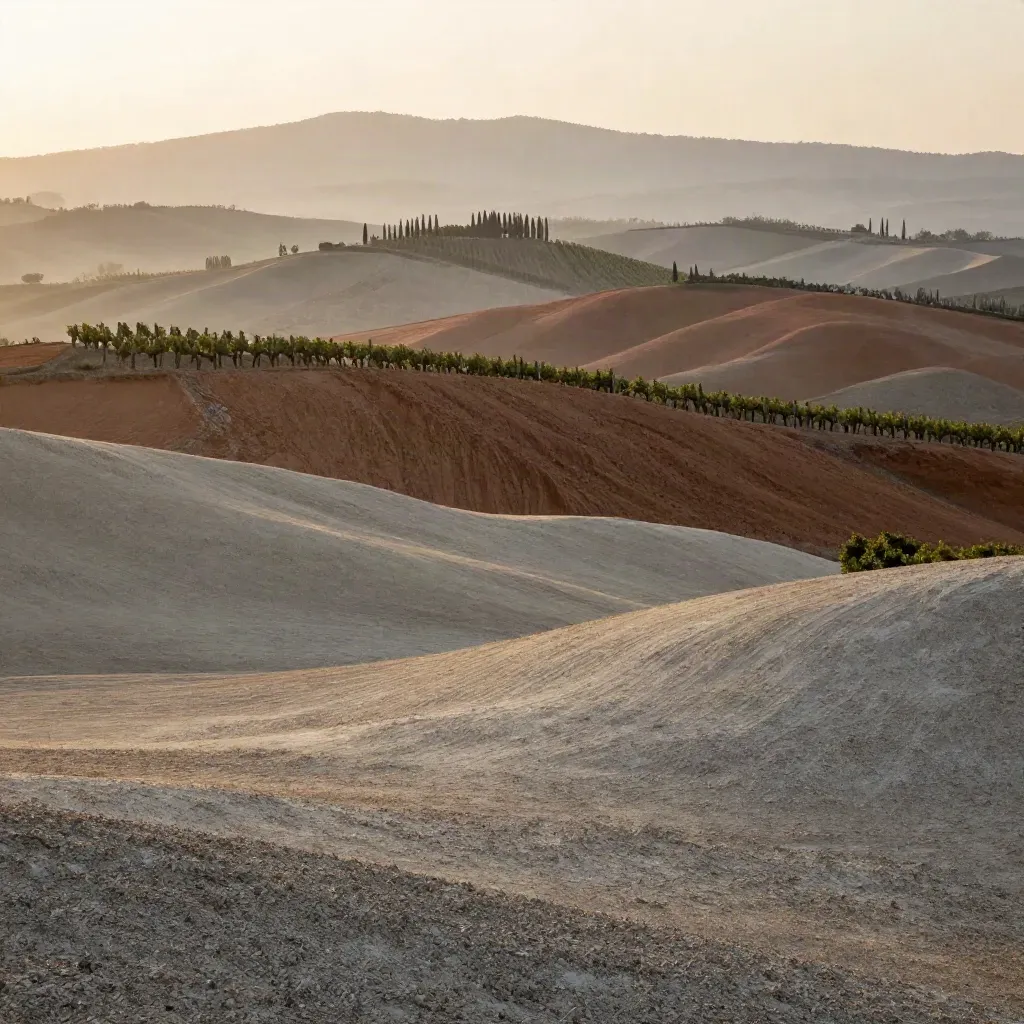 Colline delle Langhe con vigneti e Alpi velate nella bruma, luce mattutina morbida.