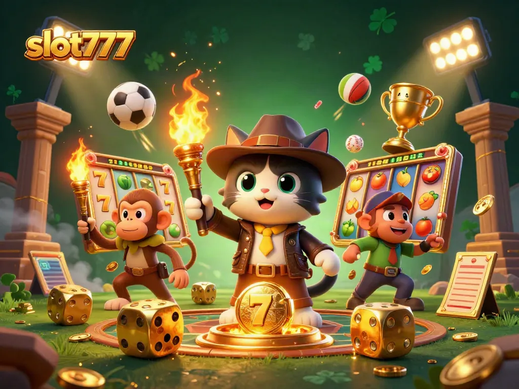 Win big with slot777 in this engaging 3D scene of a cat archaeological explorer discovering golden treasures.