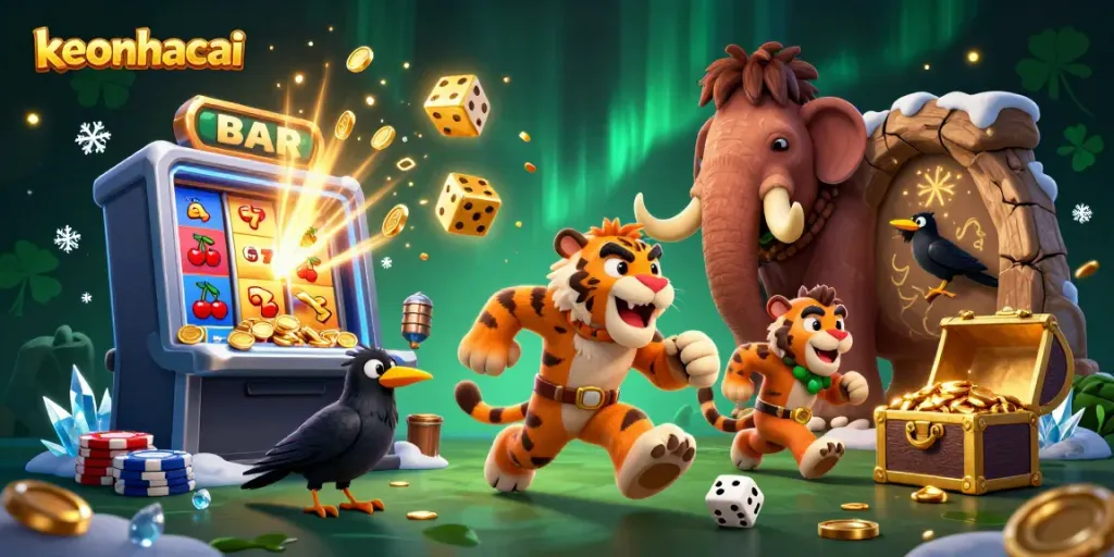 Engage in thrilling keonhacai actions with caveman and sabertooth in a dynamic casino scene.