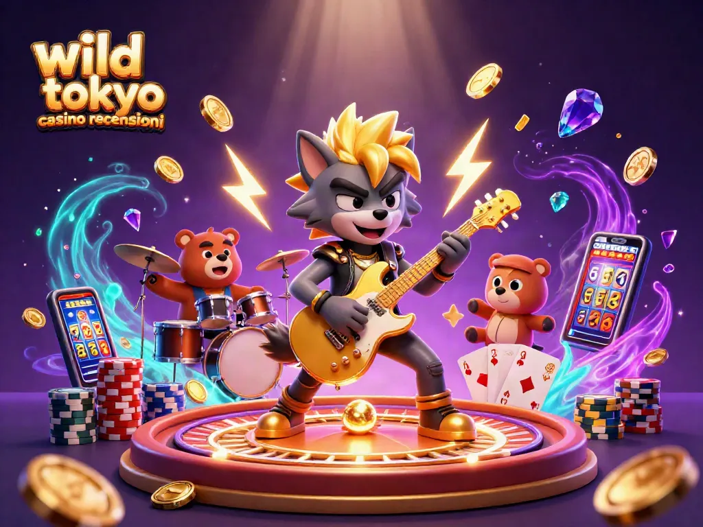 Engage in wild tokyo casino recensioni with a dynamic 3D scene of a rock star wolf and drummer bear in a vibrant casino.