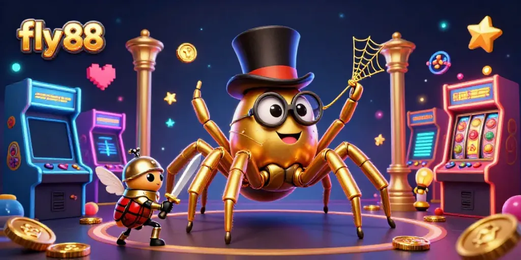 Engage with the magical fly 88 casino world featuring a golden spider and beetle knight in a vibrant 3D scene.