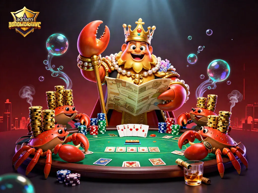 Play exciting poker at adriaenblocknyc with the golden crab emperor amidst vibrant casino elements.