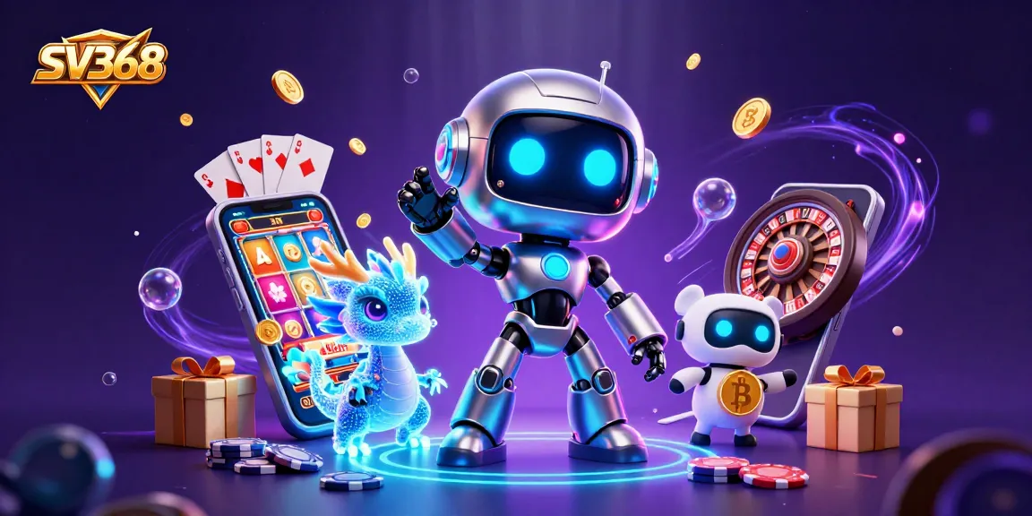 Play at SV368 with a cartoon robot and AI dragon amidst vibrant 3D casino elements.