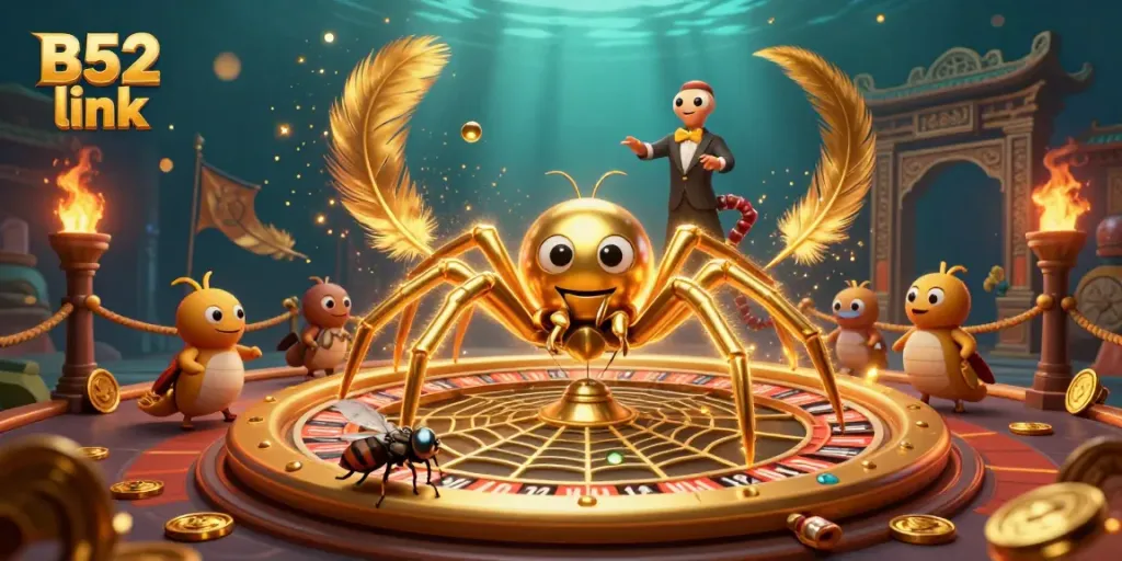 Experience thrilling action of the B52 link as a golden spider spins a roulette web in a vibrant casino