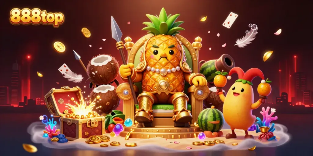 Experience vibrant casino action with 888top's golden pineapple king and lively characters in a tropical setting.